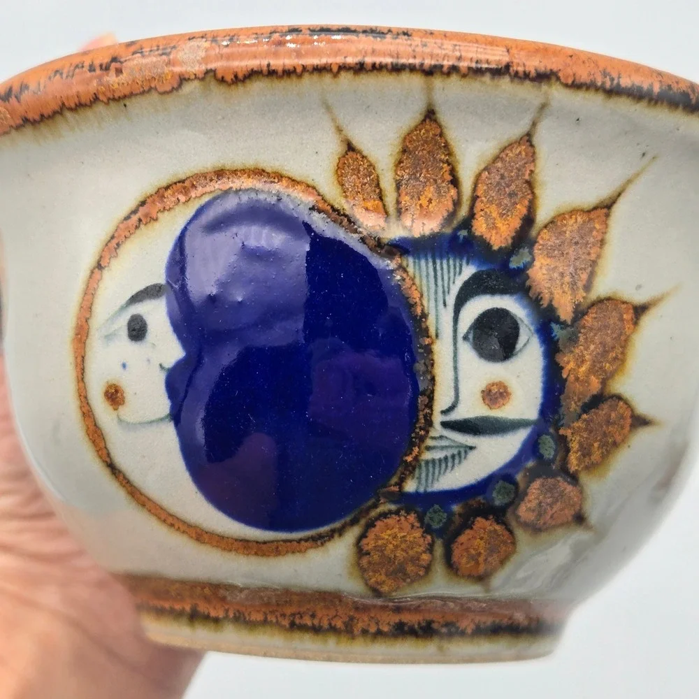Vintage Tonala Pottery Bowl Sun Moon Celestial Cobalt Blue Hand Painted Mexico